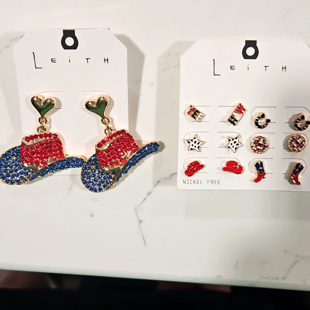 Leith Red and Blue CowboyHat Earrings WITH BONUS 12 Piece Studs